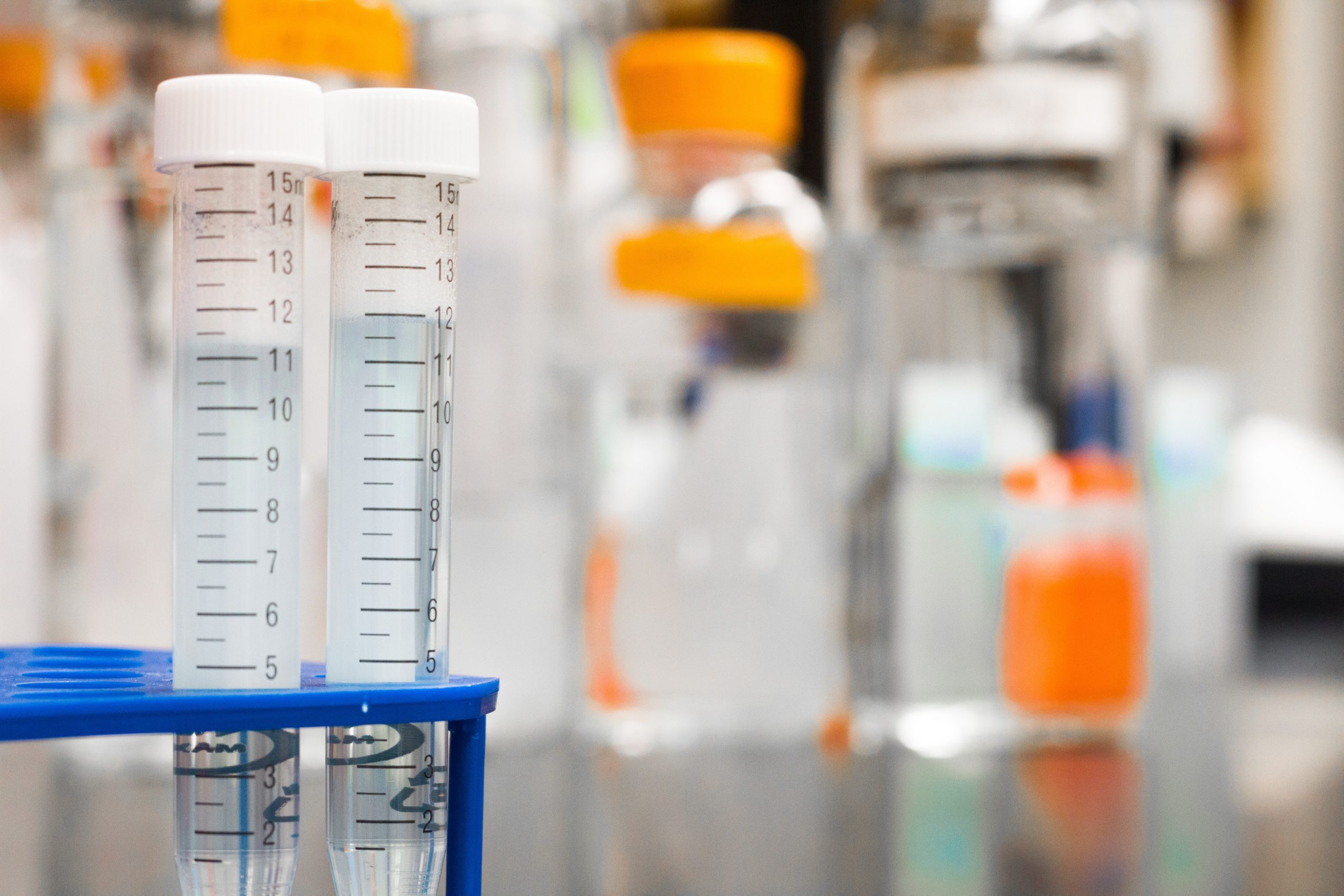 Two test tubes with liquid in them in a laboratory.