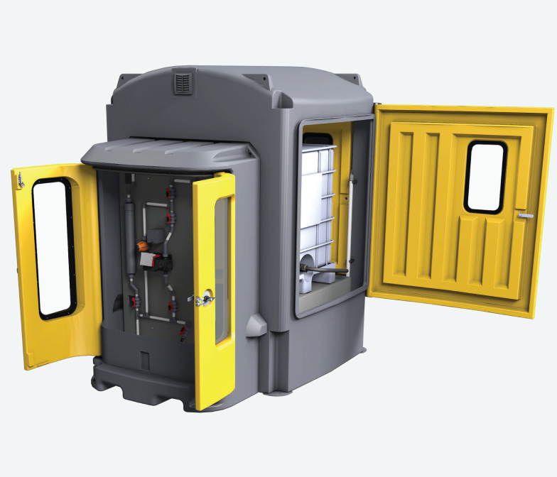 A grey and yellow container with a door open.