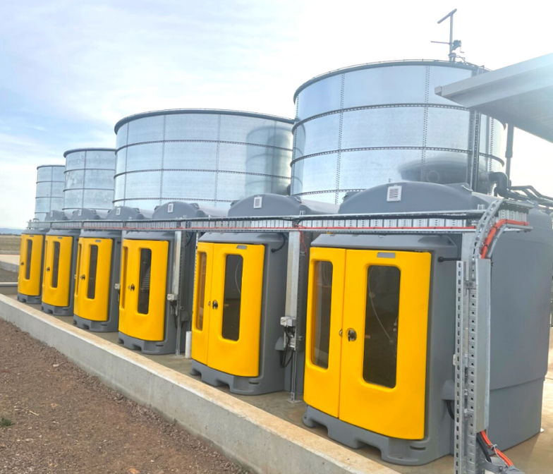 A row of yellow and grey tanks in a field.