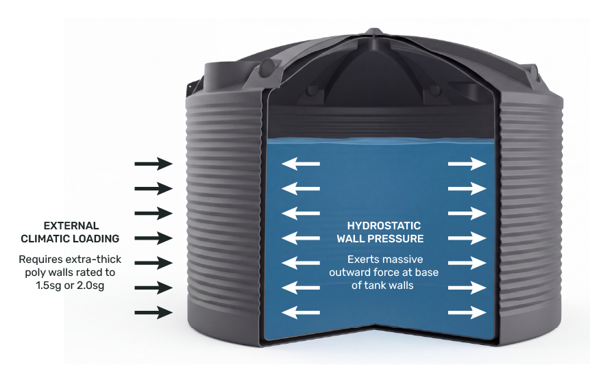 Liquid management illustration presenting hydrostatic wall pressure and external climactic loading