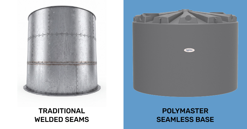 A side by side comparison of a water tank welded base vs Polymaster's seamless base