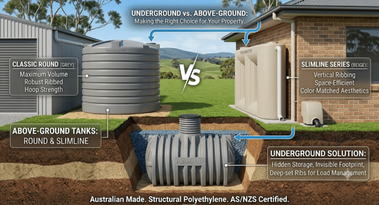 An illustration of the difference between using round, slimline, and underground tanks