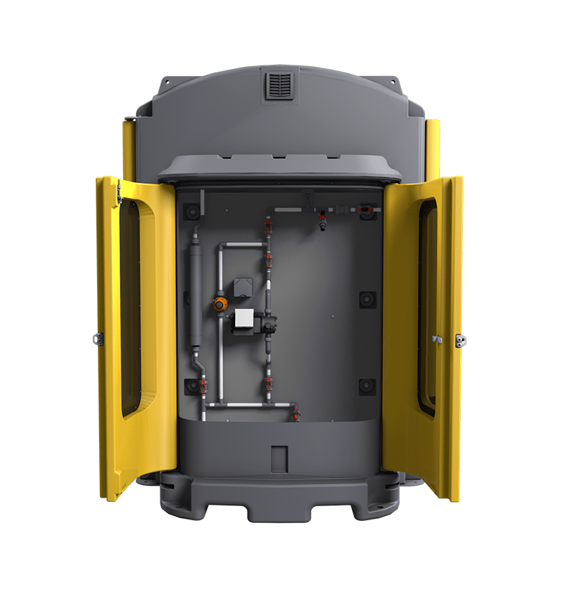 Polymaster Enclosed IBC Bund, front view with visible pipework cabinet