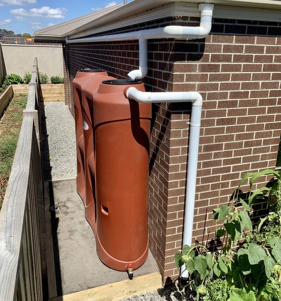 Polymaster Red Slimline Tank PCST3000 installed beside a residential home