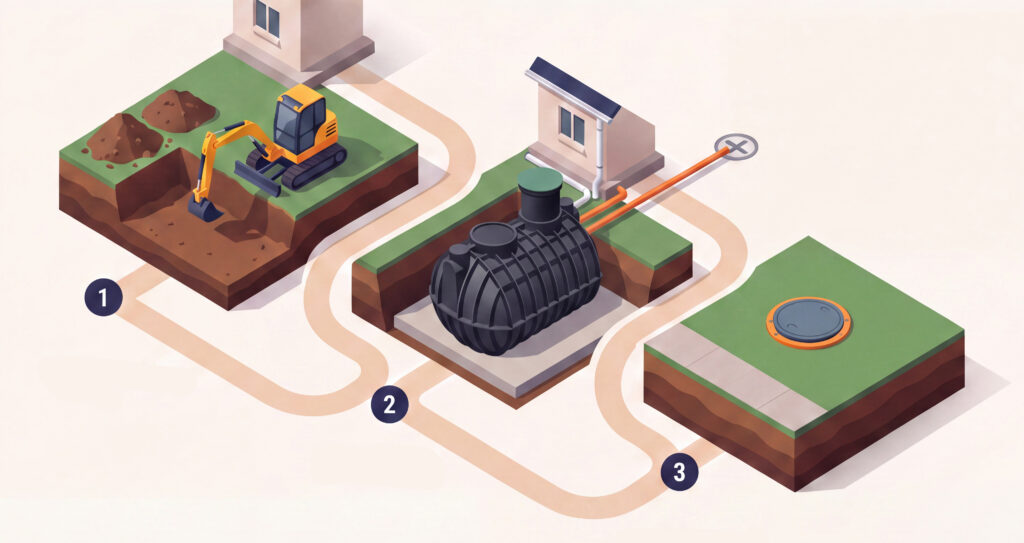 Isometric illustration of underground water tank installation