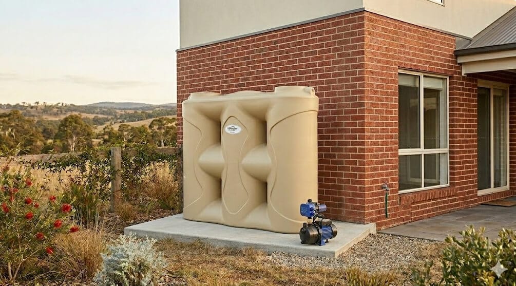 Slimline water tank with pump installed beside a residential home