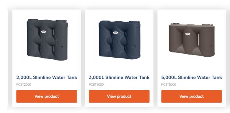 Screenshot of slim line tanks range