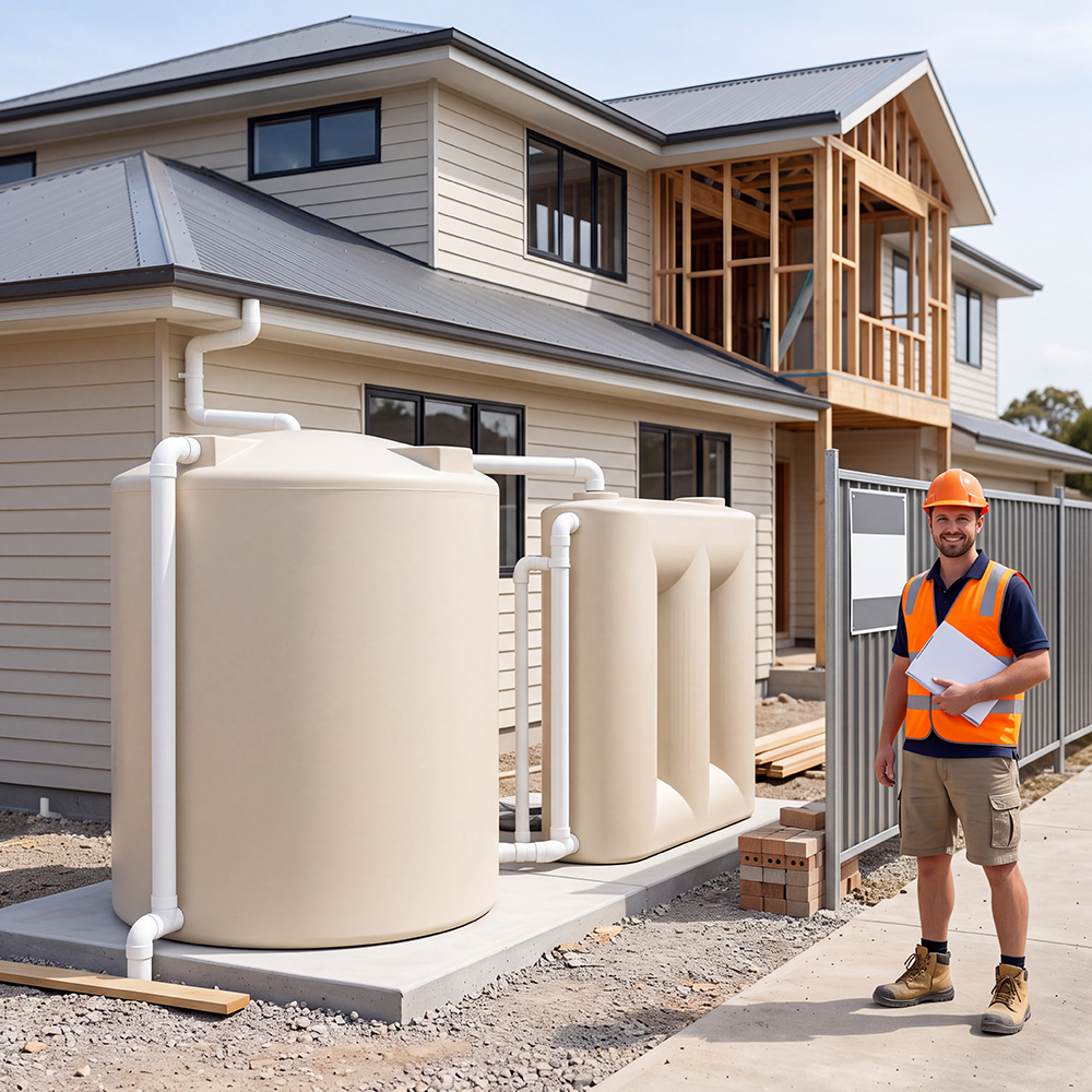 Man smiling beside round and slimline water tank installed in a residential home